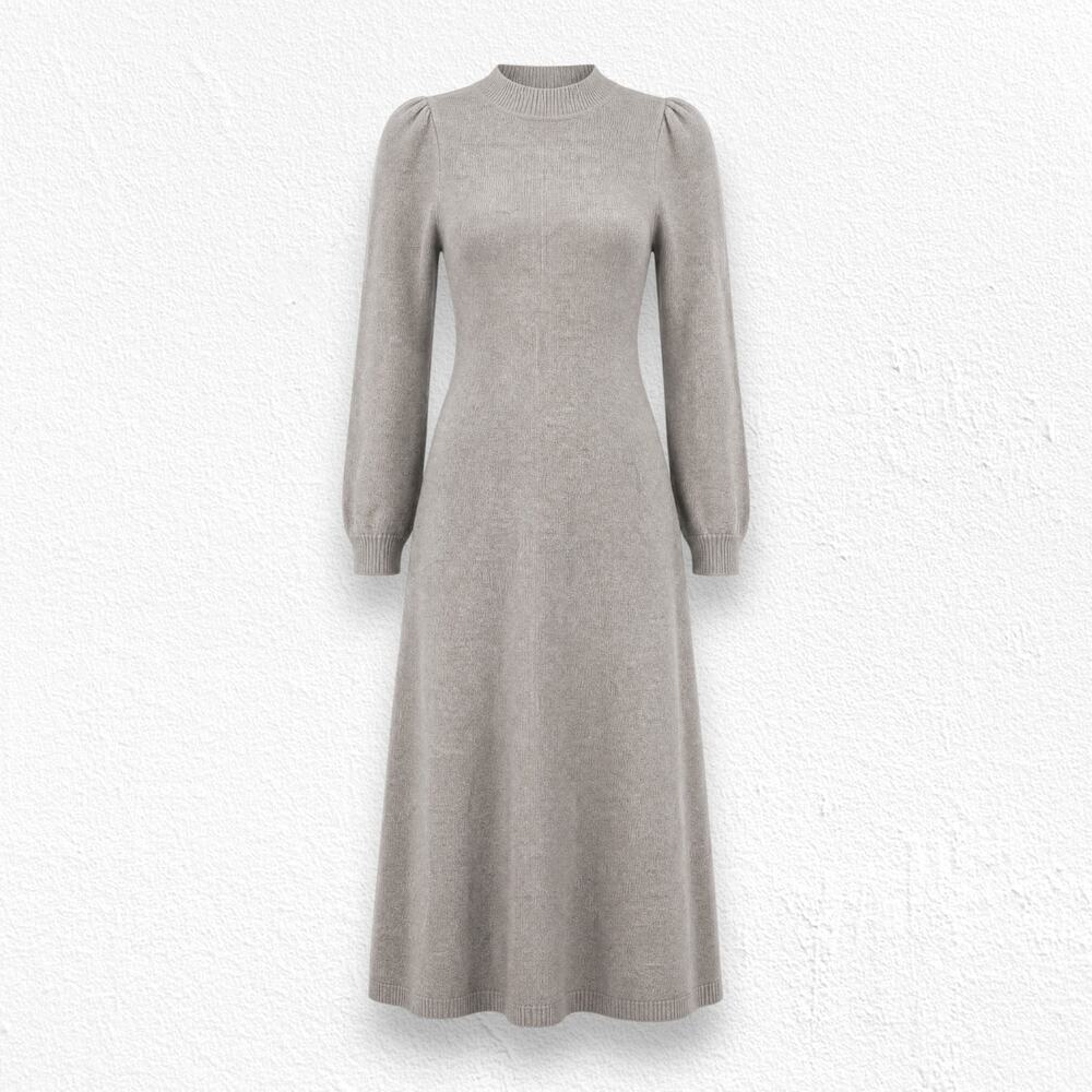 ba&sh Felicity Beige Wool Blend Puff Sleeve Midi Sweater Dress Size Large NWT